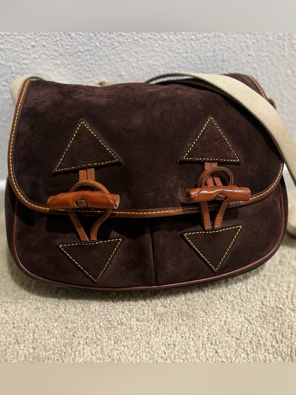 Vintage Dooney & Bourke Dark Brown Suede Crossbody with Tan Leather Accents - Picture 1 of 16